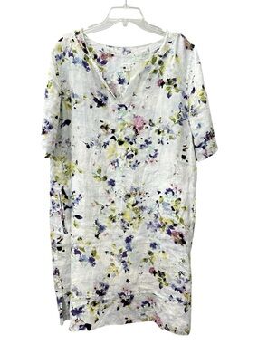 J. Jill Dress 100% Linen White Floral Print Pockets Tab Short Sleeves XL Petite